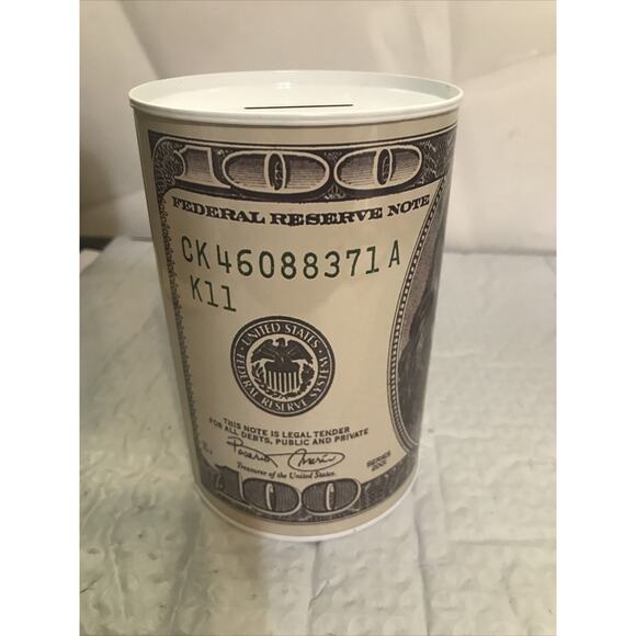 Ben Franklin Hundred Dollar Bill Money Coin Saver Tin Money Savings Piggy Bank - Picture 2 of 10